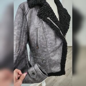 NWT! Women's Gray Vegan-leather Jacket With Black Shearling Trim
